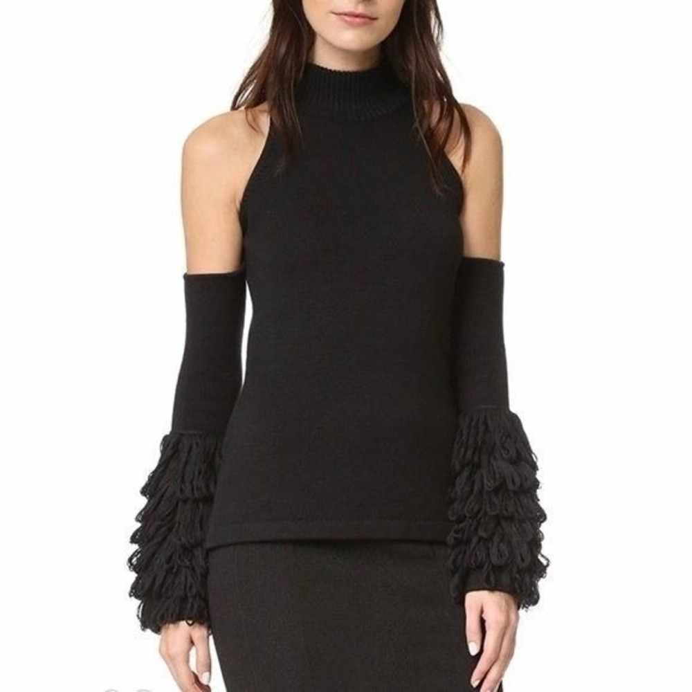 NWT Jonathan Simkhai Womens Sweater Merino Wool Cold Shoulder Fringe Goth Size M